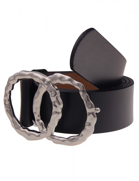 Leslii Damen-Gürtel Basic echter Leder-Gürtel Doppel Ring schwarzer Gürtel Schwarz Silber
