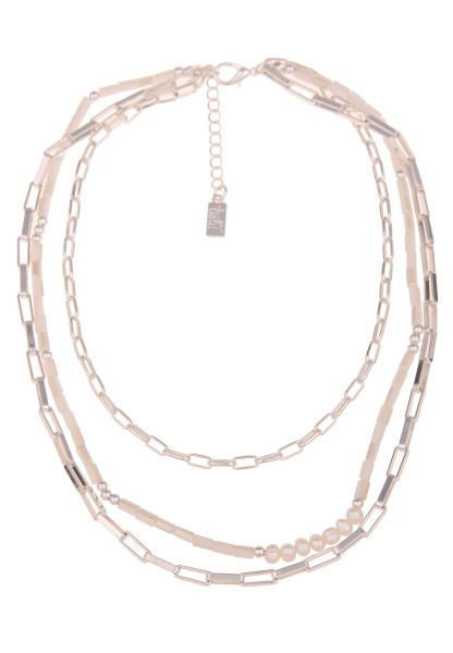 Leslii Damen-Kette Layering weiße Perlen Glieder-Kette silberne Modeschmuck-Kette Silber Weiß