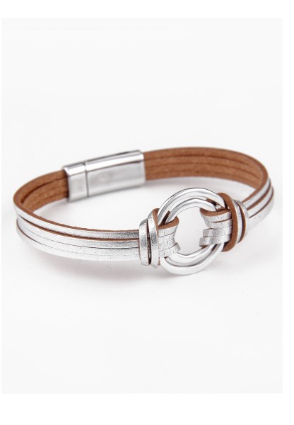 Leslii Damen-Armband Silber-Ringe Lederlook-Armband Modeschmuck-Armband Armschmuck Silber