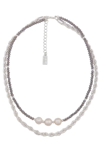 Leslii Kurze Halskette Layeringkette Glasperlen weiße Süßwasserperlen Silber