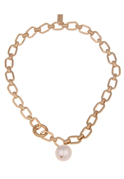 Leslii Damen-Kette Statement Perlen-Anhänger Glieder-Kette kurze Modeschmuck-Kette Gold Weiß