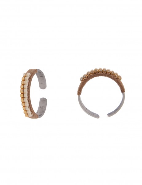 Leslii Damen-Ring Fantasie Modeschmuck-Ring Textil Perlchen Größe verstellbar in Silber Braun