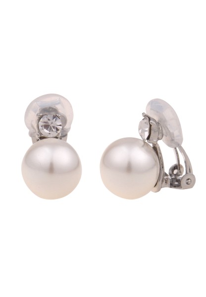 Leslii Damen-Ohrringe Ohr-Clip weiße Perlen-Ohrringe Glitzer Modeschmuck-Ohrringe Silber Weiß