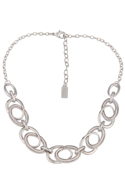 Leslii Damen-Kette Oval-Anhänger Glieder-Kette Statement kurze Modeschmuck-Kette Silber Weiß