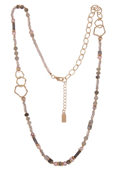 Leslii Damen-Kette Material Mix echte Perlen Glieder-Kette Natursteine Modeschmuck-Kette Gold Multi