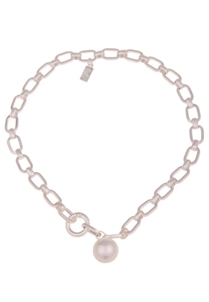 Leslii Damen-Kette Statement Perlen-Anhänger Glieder-Kette kurze Modeschmuck-Kette Silber Weiß