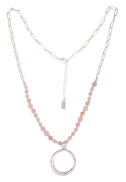 Leslii Damen-Kette Natur-Steine Ring-Anhänger lange Halskette Modeschmuck-Kette Silber Rosa