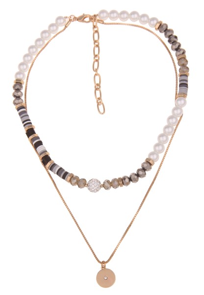 Leslii Damen-Kette Esther Statement Layering-Kette Perlen Glasperlen-Kette Modeschmuck Gold Weiß