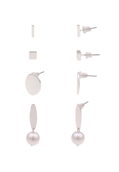 Leslii Damen-Ohrringe 4er Set silberne Ohrstecker weiße Perlen-Ohrringe Modeschmuck Silber