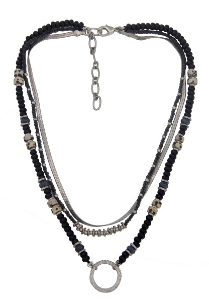 Leslii Halskette Layeringkette mit Natursteinen Materialmix Schwarz Silber