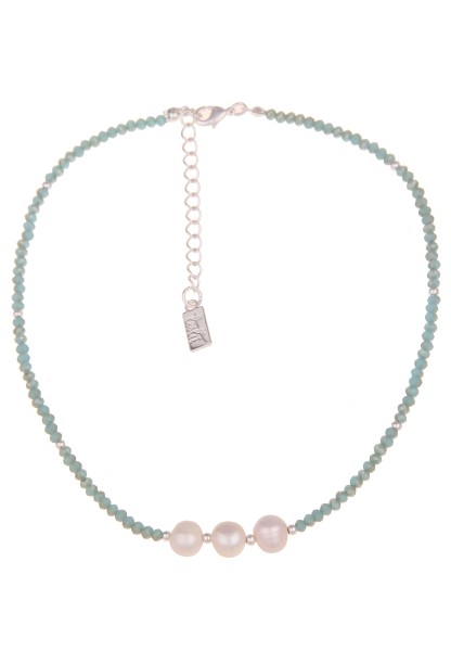 Leslii Damen-Kette Jenna blaue Glas-Perlen weiße Perlen-Kette kurze Modeschmuck-Kette Blau Weiß