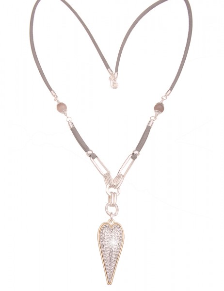 Leslii Damen-Kette Herz-Anhänger Glitzer lange Halskette silberne Modeschmuck-Kette Grau Silber