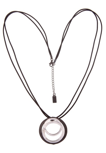 Leslii Damen-Kette Ring-Anhänger lange Halskette Stoff-Band Modeschmuck-Kette Schwarz Silber