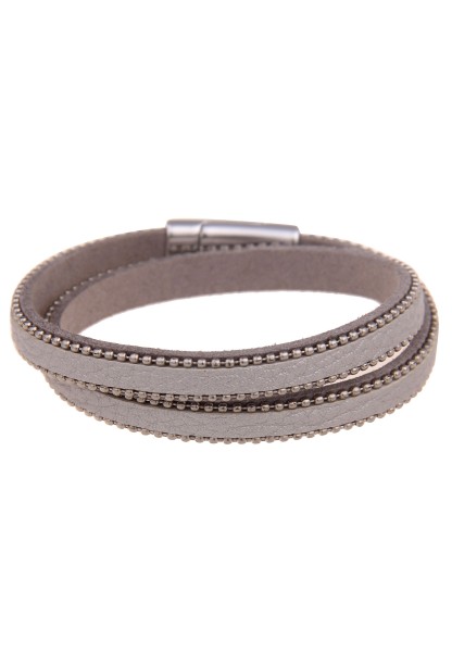 Leslii Damen-Armband Wickel-Armband Kugeln Modeschmuck-Armband Leder-Look in Grau Silber