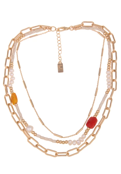 Leslii Damen-Kette Layering weiße Perlen Glieder-Kette Steine goldene Modeschmuck-Kette Gold Bunt