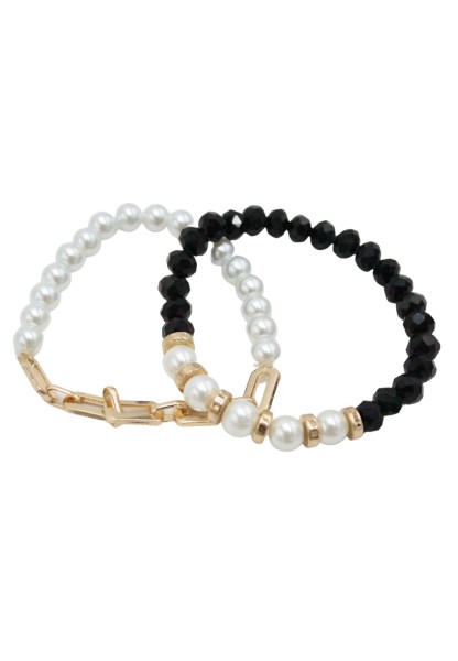 Leslii Damen-Armband 2er-Set Perlen Glasperlen-Armband Modeschmuck-Armband Schwarz Weiß