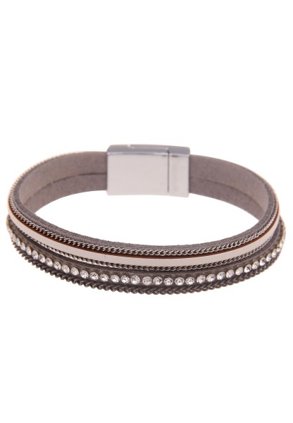 Leslii Damen-Armband Glitzer Strass-Armband Modeschmuck-Armband Leder-Look in Grau Weiß