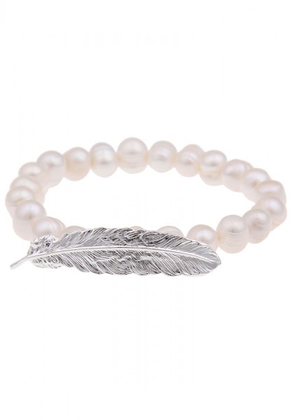 -70% SALE Leslii Damen-Armband weißes Perlen-Armband Feder-Schmuck Silber Weiß