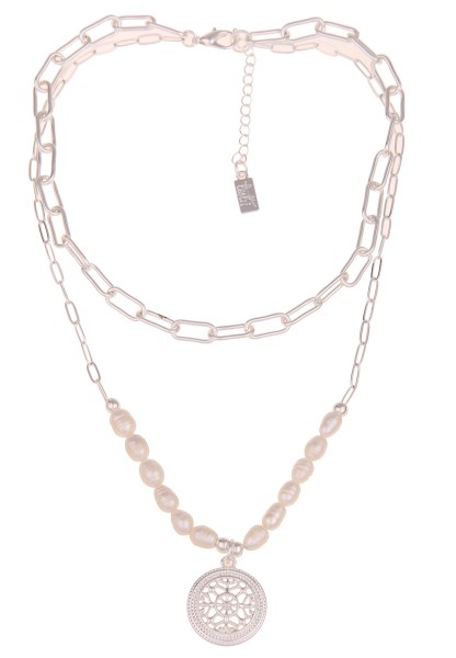 Leslii Damen-Kette Statement Perlen-Kette Layering Glieder-Kette Modeschmuck-Kette Silber Weiß