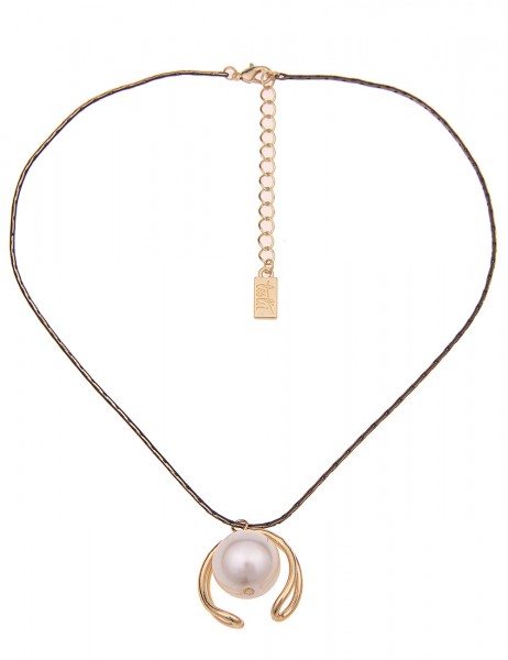 Leslii Damen-Kette Perle Ring-Anhänger Collier weiße Perlen-Kette Modeschmuck-Kette Gold Schwarz