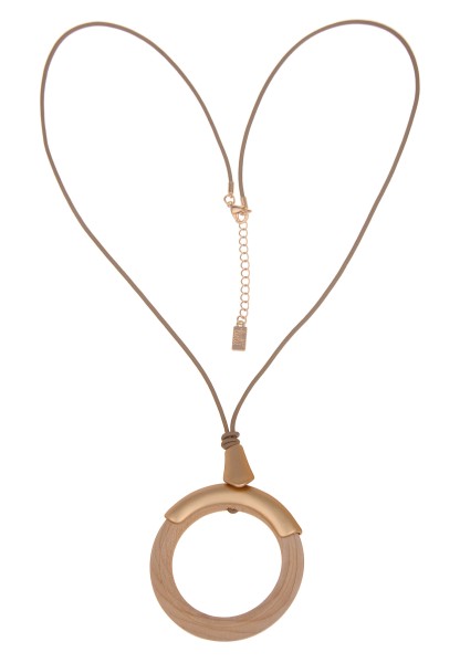 Leslii Damen-Kette Holz-Anhänger lange Halskette Ring-Anhänger Modeschmuck-Kette Gold Beige