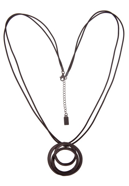 Leslii Damen-Kette Ring-Anhänger lange Halskette Stoff-Band schwarze Modeschmuck-Kette Schwarz