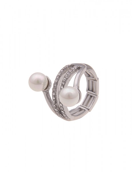 Leslii Damen-Ring Statement Glitzer weißer Perlen-Ring Modeschmuck-Ring Strass Silber Weiß