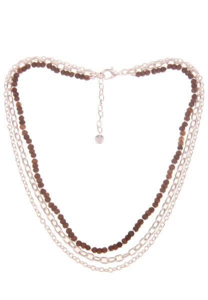 Leslii Damen-Kette Natursteine Glieder-Kette Layer Stein-Kette kurze Modeschmuck-Kette Silber Braun