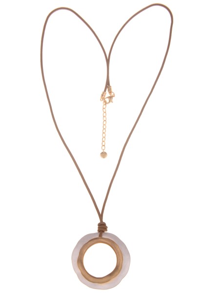 Leslii Damen-Kette Ring-Anhänger Bicolor lange Halskette Lederlook-Band Modeschmuck Gold Silber