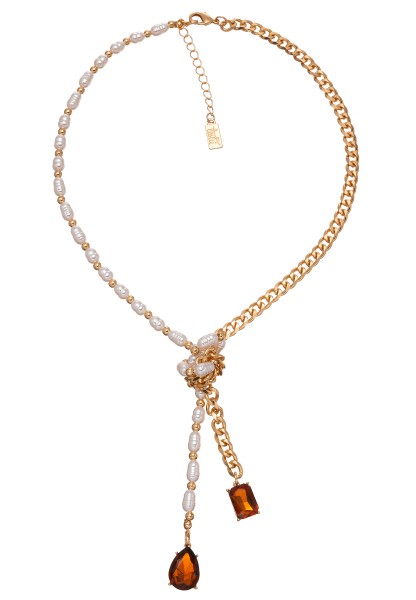 Leslii Kurze Halskette mit braunen Kristallsteinen Perlen-Kette Weiß Braun Gold