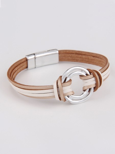 Leslii Damen-Armband Silber-Ringe Lederlook-Armband Modeschmuck-Armband in Beige Weiß